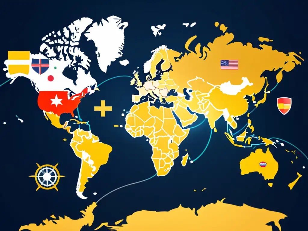 Un mapa global detallado con símbolos legales, banderas y escudos protectores, simbolizando estrategias de protección de marcas globales en diferentes jurisdicciones