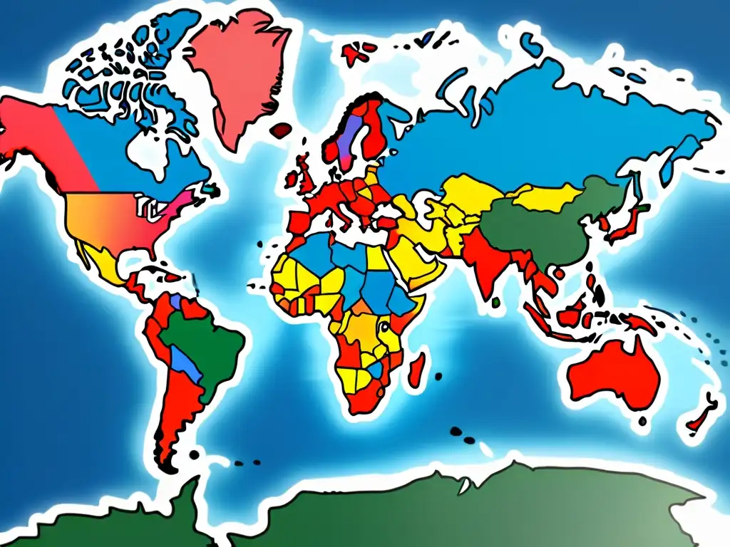 Mapa global detallado con símbolos de marcas, evitando infracción marcas mercado global