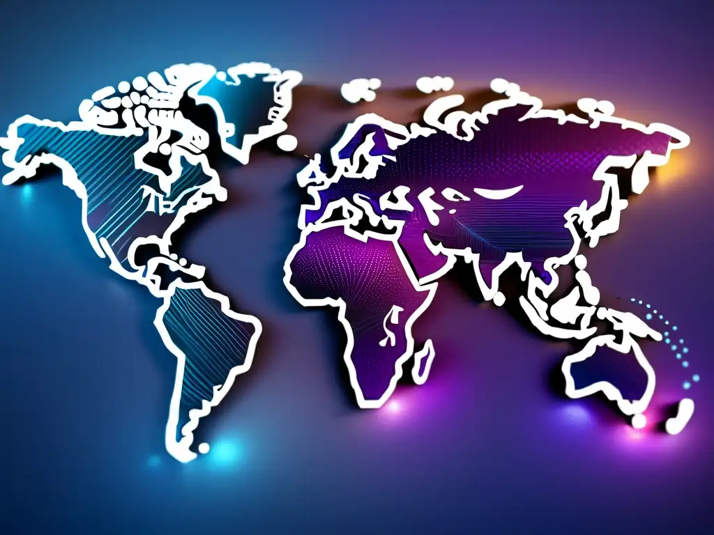 Un mapa global futurista con líneas brillantes y puntos, simbolizando conexiones internacionales y la protección internacional de derechos de autor