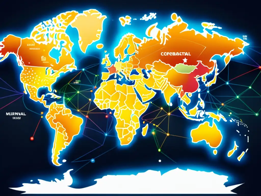 Mapa global iluminado con líneas y nodos de marcas internacionales, simbolizando la gestión internacional de marcas propiedad intelectual