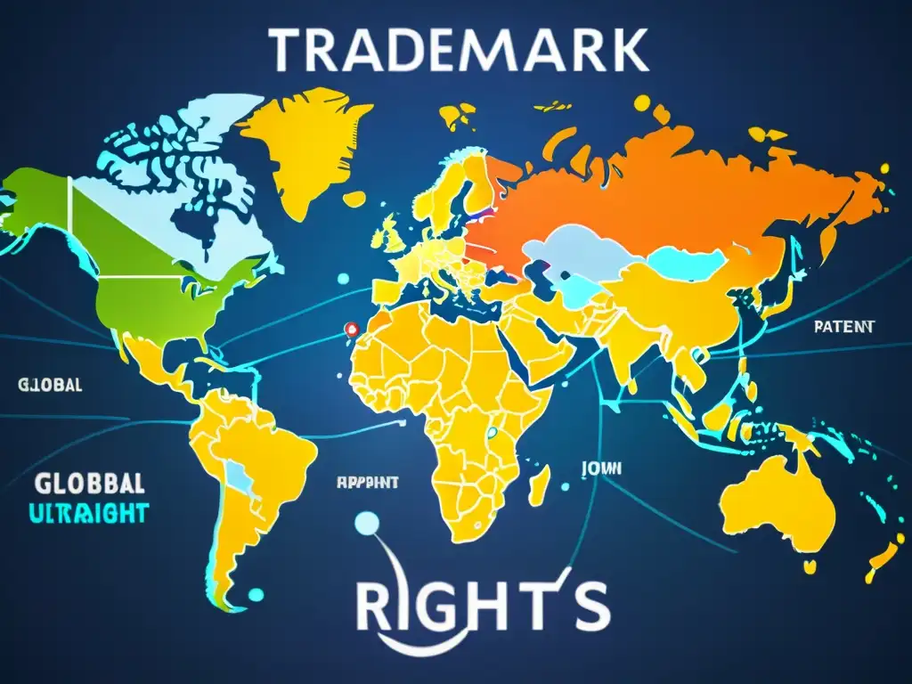 Mapa global con líneas y nodos que representan marcas, derechos de autor y patentes, simbolizando la intersección de conceptos legales internacionales