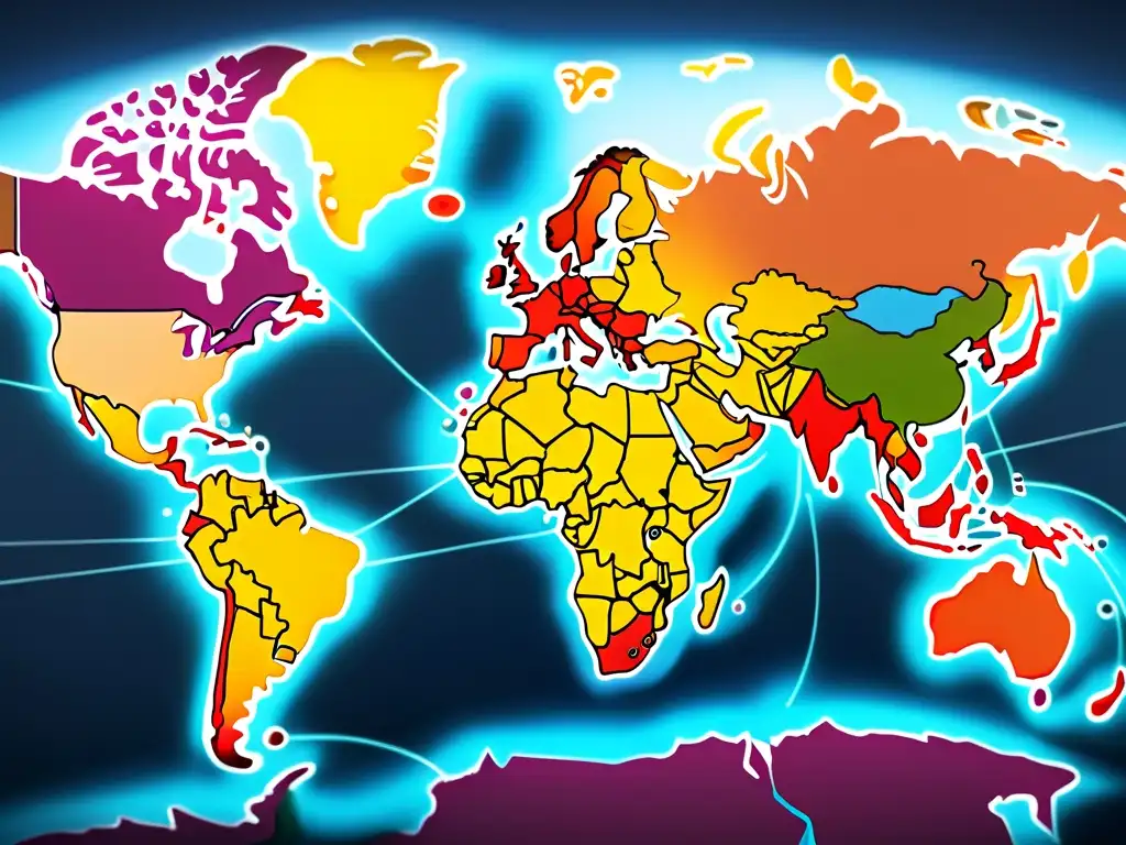 Mapa global con líneas y puntos que representan las rutas comerciales internacionales, simbolizando la interconexión de mercados para estrategias ecommerce mercados internacionales