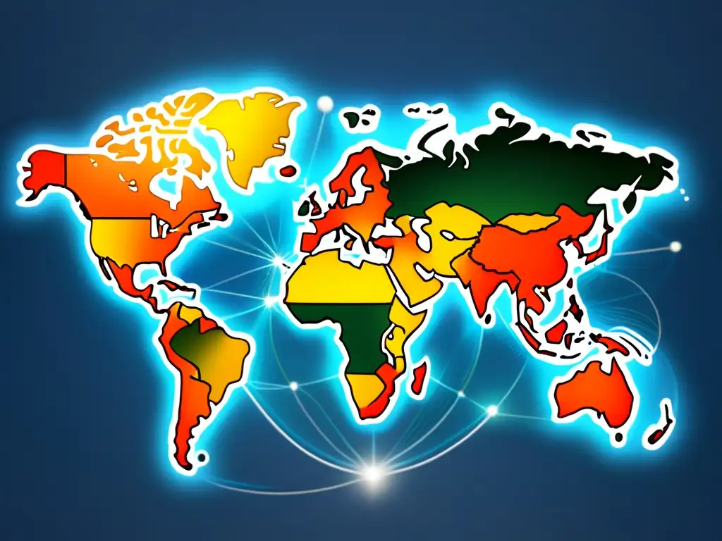 Mapa global con marcas y conexiones, simbolizando la protección de marcas en la globalización