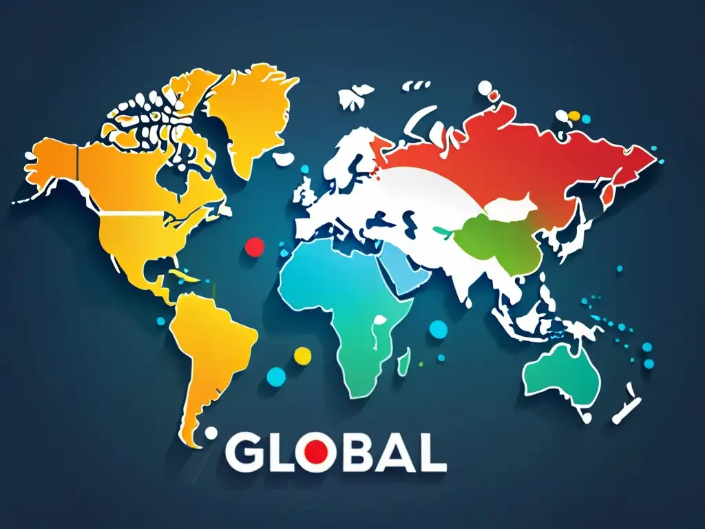 Mapa global de marcas entrelazadas, simbolizando la protección de marcas a nivel mundial en un ambiente futurista y profesional