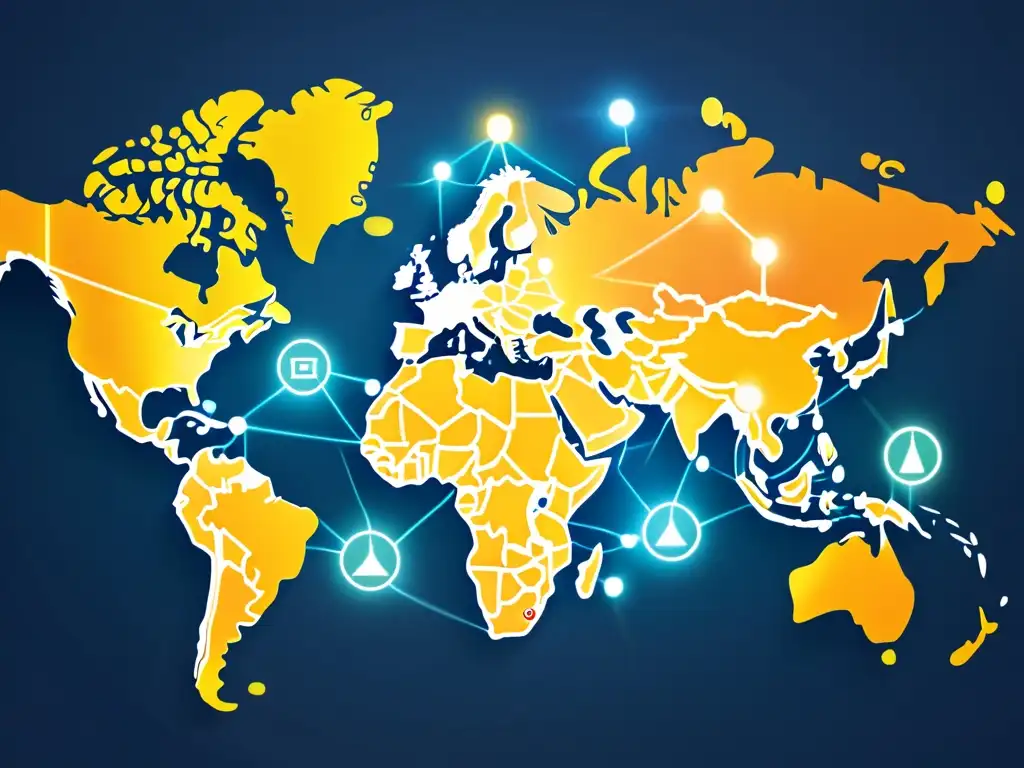 Mapa global con nodos interconectados simbolizando fusiones internacionales, con íconos de propiedad intelectual