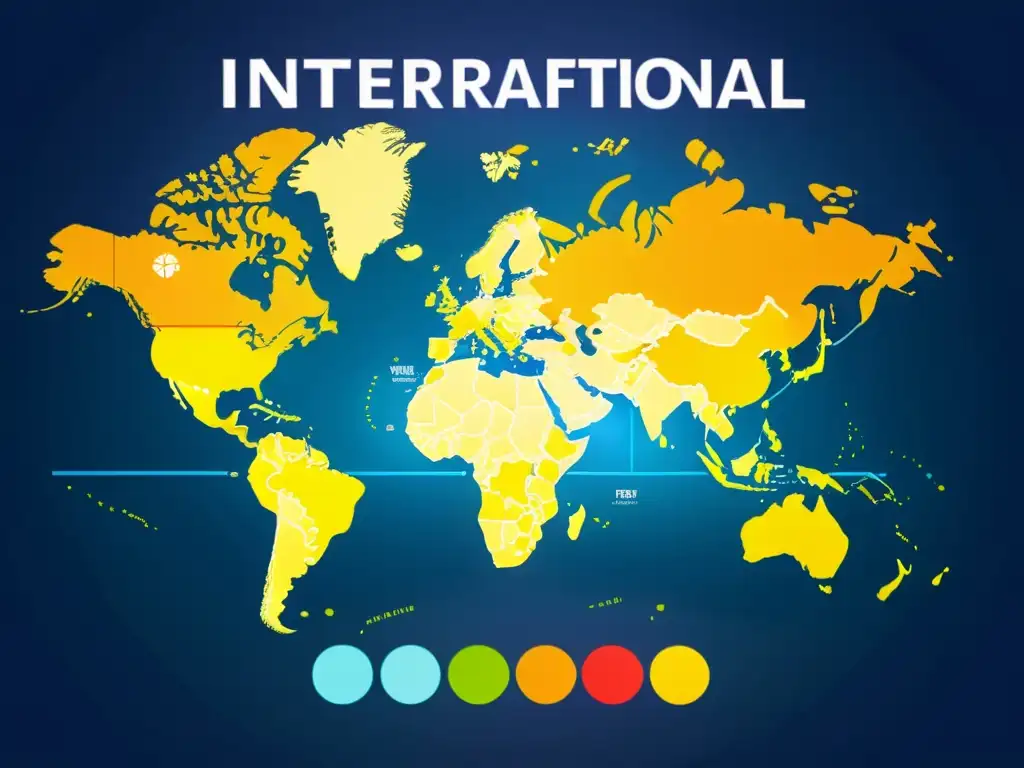 Mapa global con puntos destacados de estrategias de protección de marcas internacionales en ciudades y regiones clave, con colores vibrantes y elementos visuales dinámicos