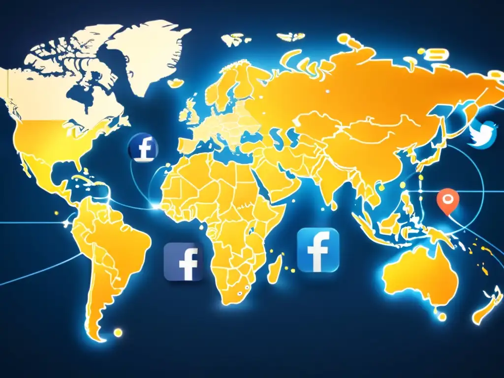 Mapa global con redes sociales y propiedad intelectual simbolizado por iconos de redes sociales y conexiones digitales