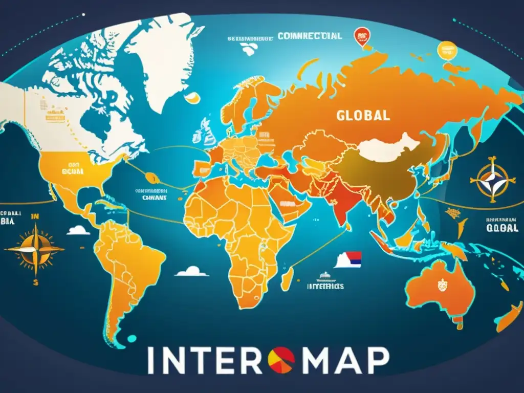 Mapa global con rutas comerciales interconectadas y símbolos culturales, ideal para gestión efectiva marcas transfronterizas comercio