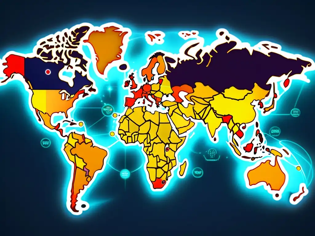 Mapa global de distribución de videojuegos con nodos interconectados, símbolos de copyright y elementos visuales futuristas, representando el impacto de las leyes de copyright en la distribución de videojuegos