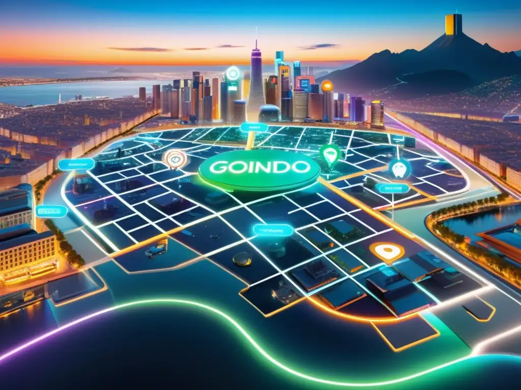 Mapa holográfico futurista de la ciudad con marcas flotando sobre ubicaciones específicas, mostrando innovaciones tecnológicas en geolocalización para marcas, con visualizaciones de datos dinámicas y vibrantes