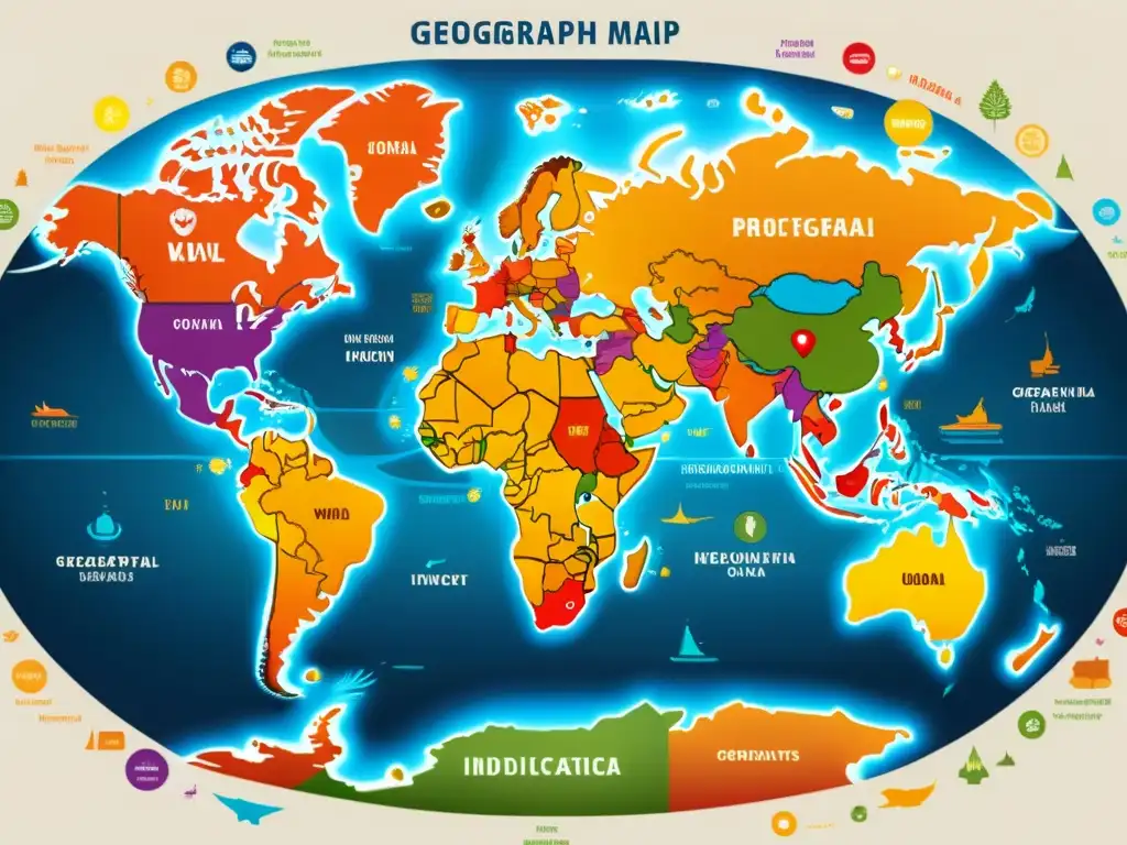 Mapa ilustrado vibrante con indicaciones geográficas protegidas, simbolizando la diversidad y la protección de la propiedad intelectual