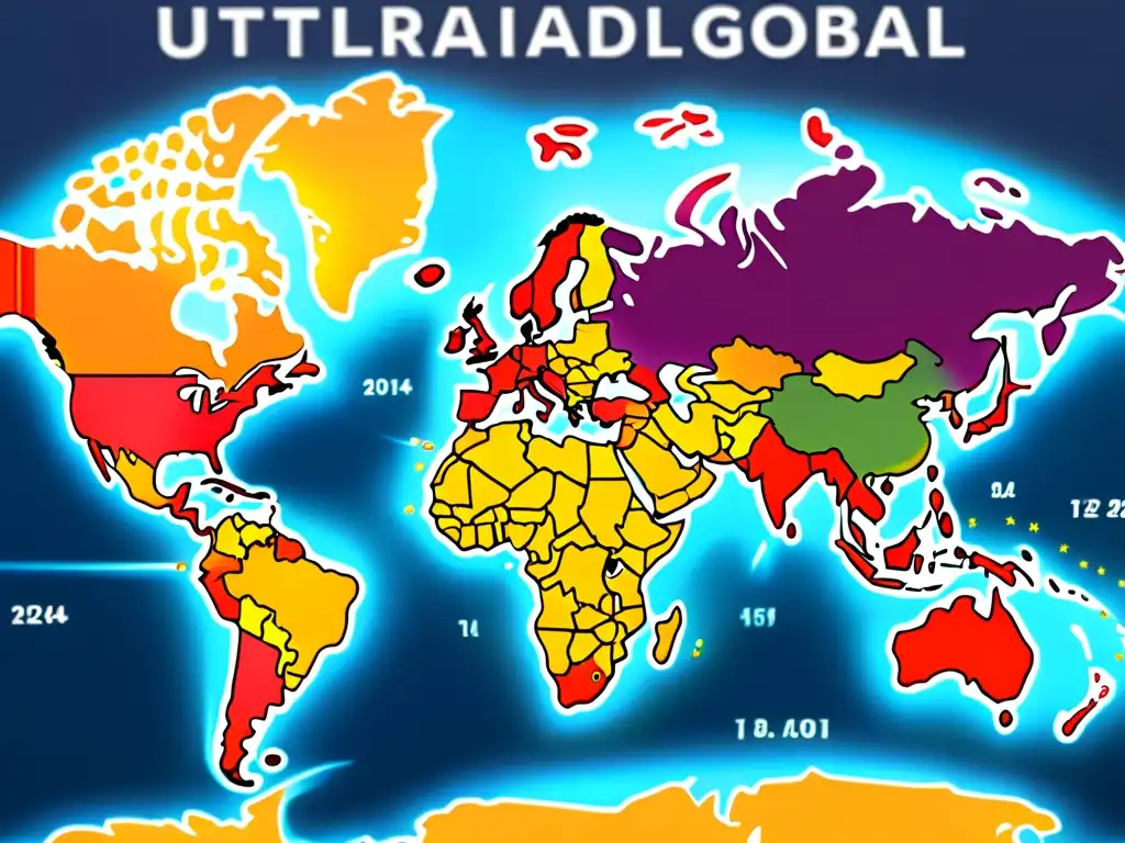 Mapa mundial detallado con colores vibrantes resaltando países, superpuesto con documentos de registro de marcas internacionales requisitos