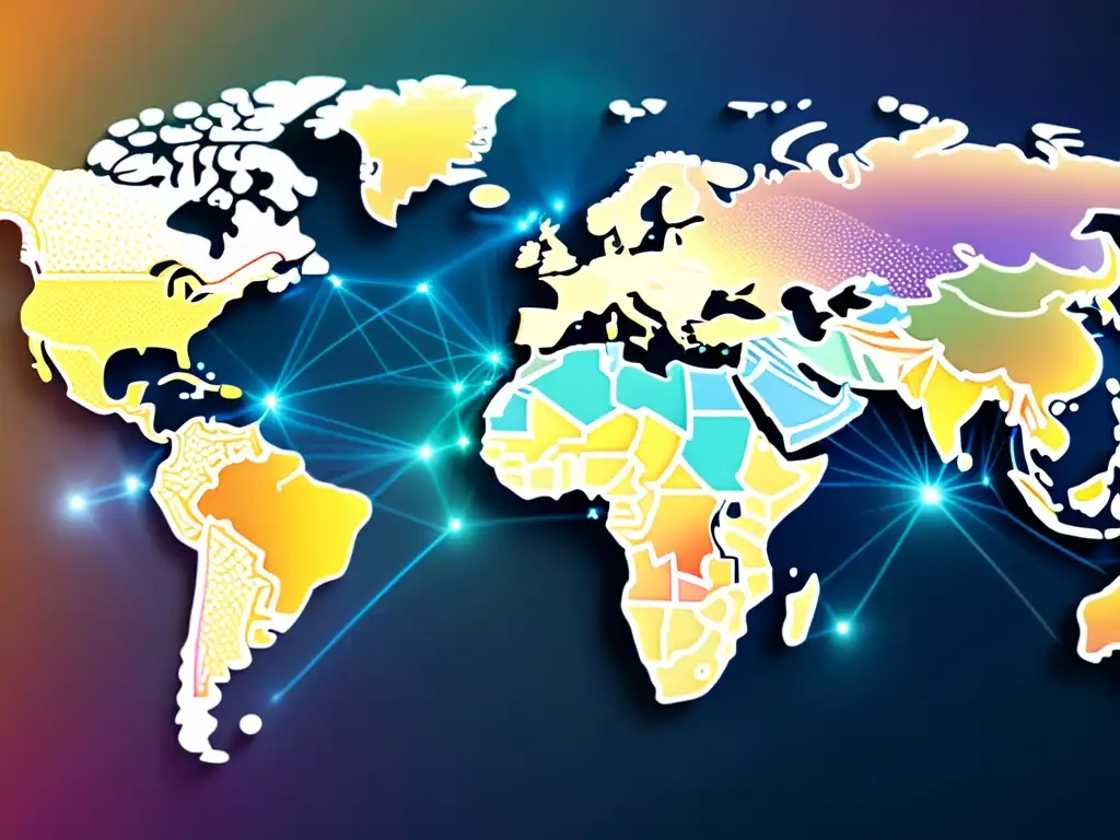 Un mapa mundial detallado con conexiones de red intrincadas simboliza el impacto global del ADPIC en propiedad intelectual