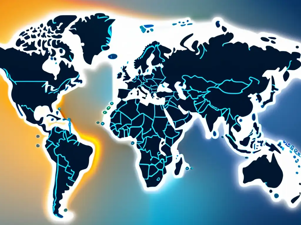 Mapa mundial detallado con líneas vibrantes que representan el Registro Internacional de Marcas: Ventajas y Desafíos
