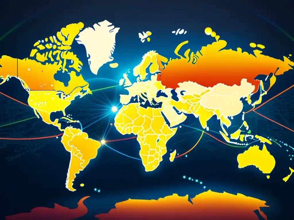 Mapa mundial detallado con líneas y nodos que representan la red de propiedad intelectual en relaciones internacionales