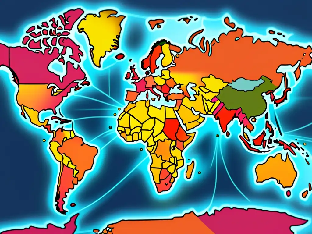 Mapa mundial detallado con líneas interconectadas representando el proceso de registro de marca internacional