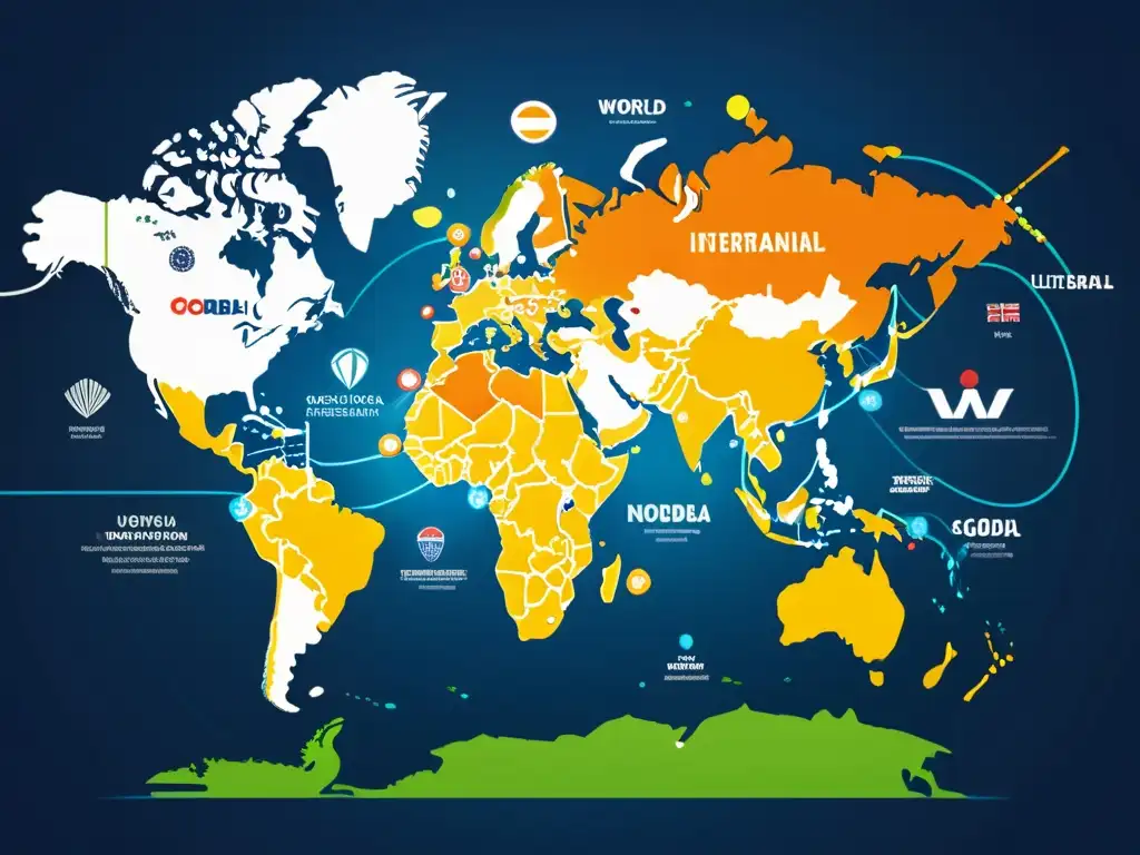Mapa mundial detallado con rutas comerciales y marcas, mostrando estrategias ecommerce mercados internacionales en colores vibrantes y logos detallados