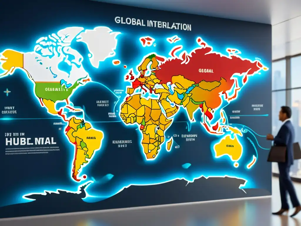Mapa mundial detallado con rutas comerciales interconectadas, resaltando centros de negocios clave
