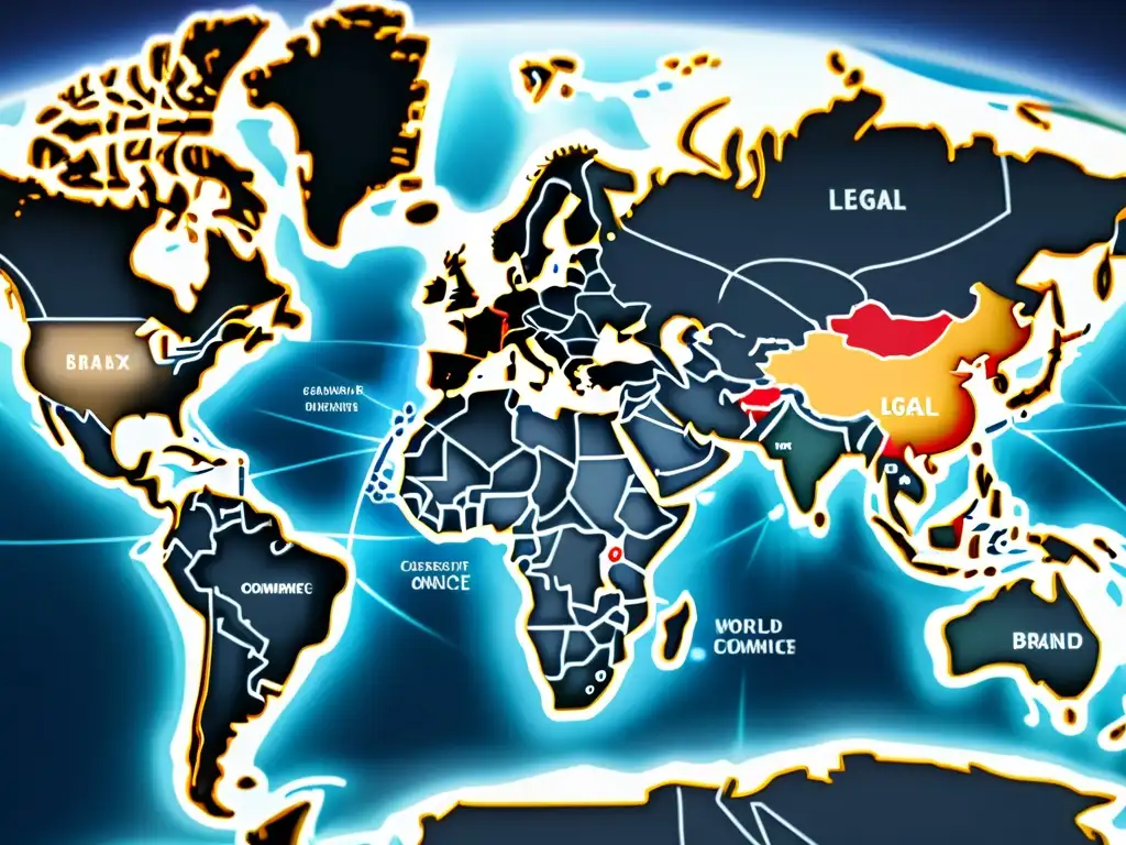 Mapa mundial detallado en 8k con rutas comerciales globales y marcas, destacando la protección de marcas en el mercado global