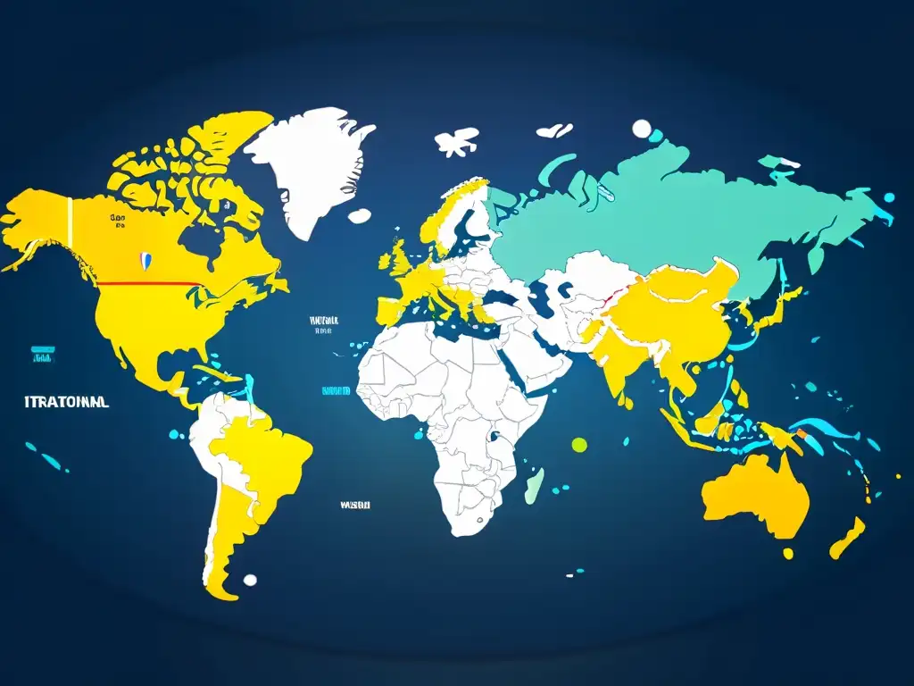 Un mapa mundial detallado resalta símbolos de marca en países, mostrando la extensión global de protección de marca