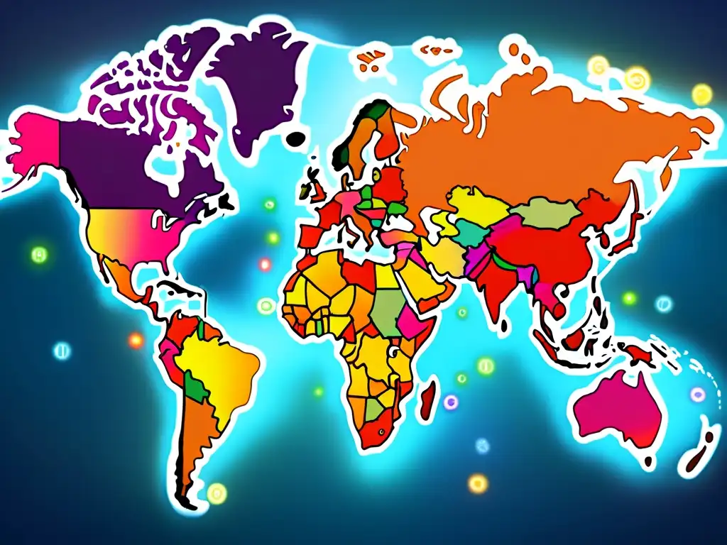 Un mapa mundial digital impresionante, con colores vibrantes y detalles intrincados, superpuesto con símbolos de marca y pins de geolocalización