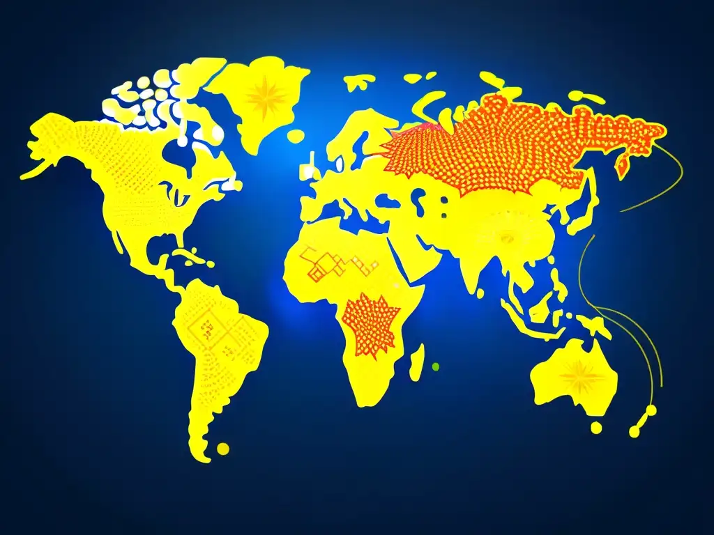 Mapa mundial digital con símbolos de marca entrelazados y alfileres de ubicación, representando jurisprudencia en marcas y geolocalización
