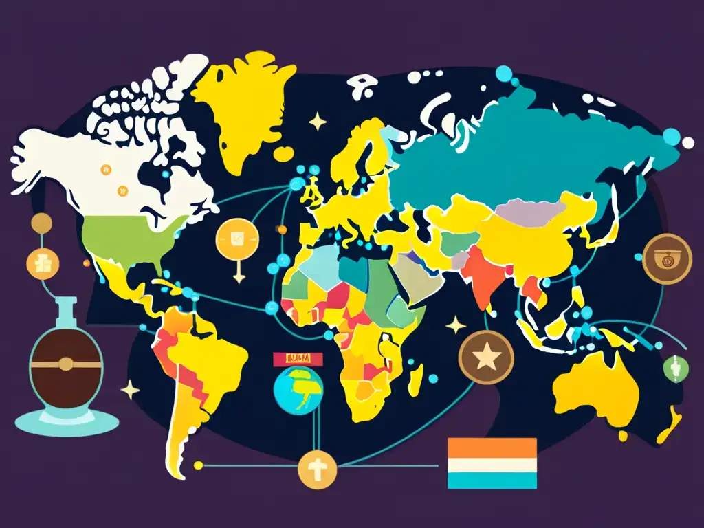 Mapa Global de Denominaciones de Origen: Conexiones y Desafíos Mapa mundial ilustrado con productos icónicos y líneas de comercio, simbolizando los desafíos de protección de denominaciones de origen global