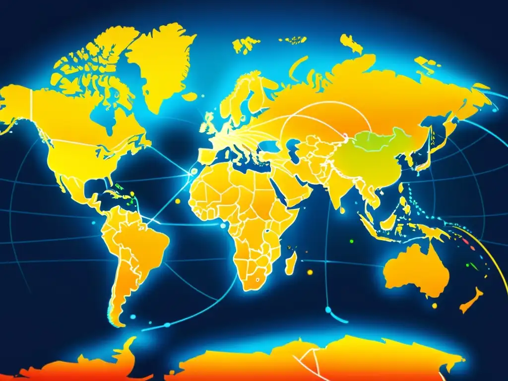 Mapa mundial con líneas de red, símbolos de derechos de autor en cada país, protección internacional de derechos de autor
