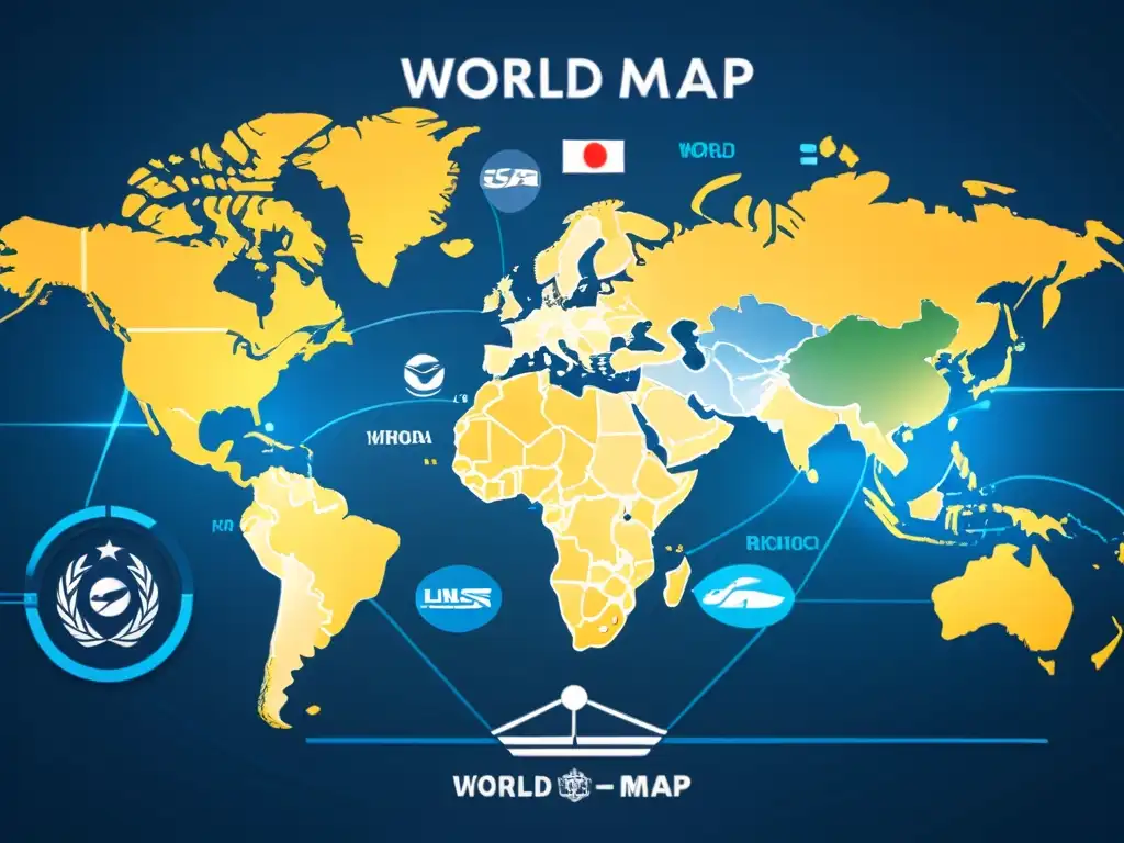 Mapa mundial con logos de marcas internacionales monitoreados online en tonos azules y metálicos