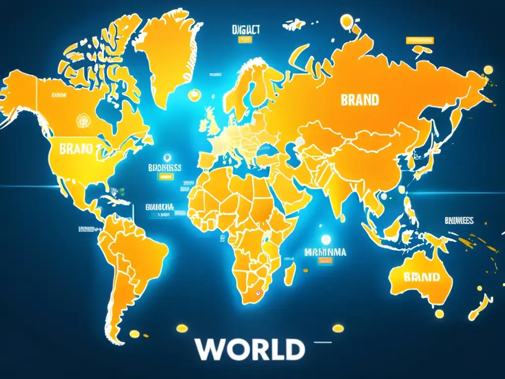 Mapa mundial con marcas geográficas y logotipos de empresas, representando la gestión de marcas en contextos geográficos a nivel global