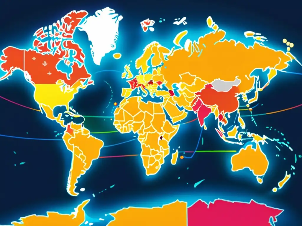 Mapa mundial moderno con líneas conectadas, representando el alcance internacional de Desafío marcas genéricas exclusividad internacional