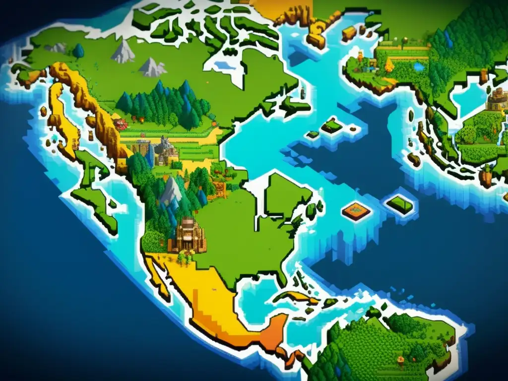 Mapa mundial en pixel art con personajes de videojuegos, destacando los derechos de autor internacionales videojuegos