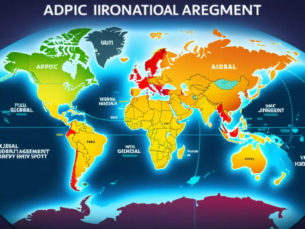 Mapa mundial con regiones clave resaltadas por el impacto del ADPIC en propiedad intelectual, mostrando rutas comerciales y centros de innovación