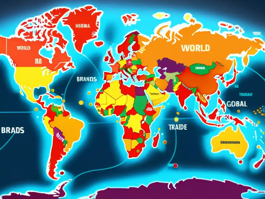 Mapa mundial con rutas comerciales y marcas registradas, simbolizando la protección global de marcas en la internacionalización