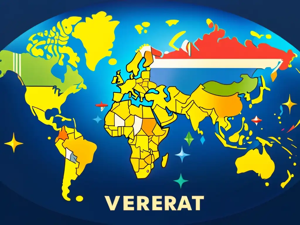 Un mapa mundial vibrante y moderno formado por símbolos de marcas coloridos, representando la protección de marcas a nivel mundial