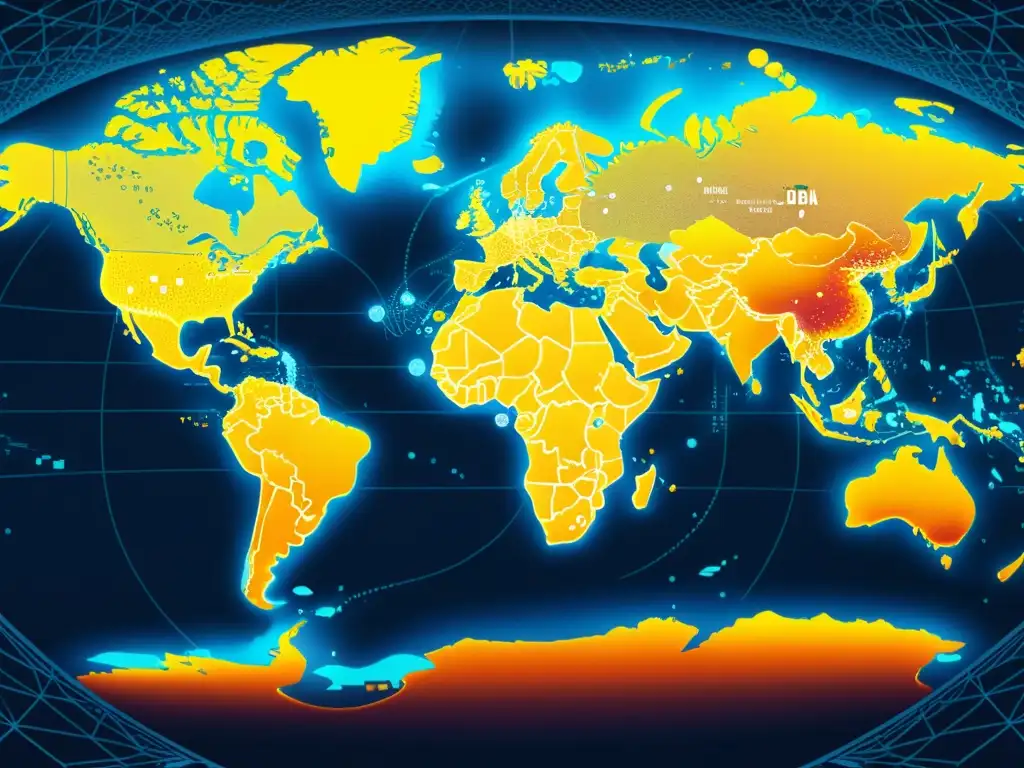 Mapa del mundo con complejas redes, representando el poder económico de la propiedad intelectual en colores vibrantes y elementos visuales sutiles