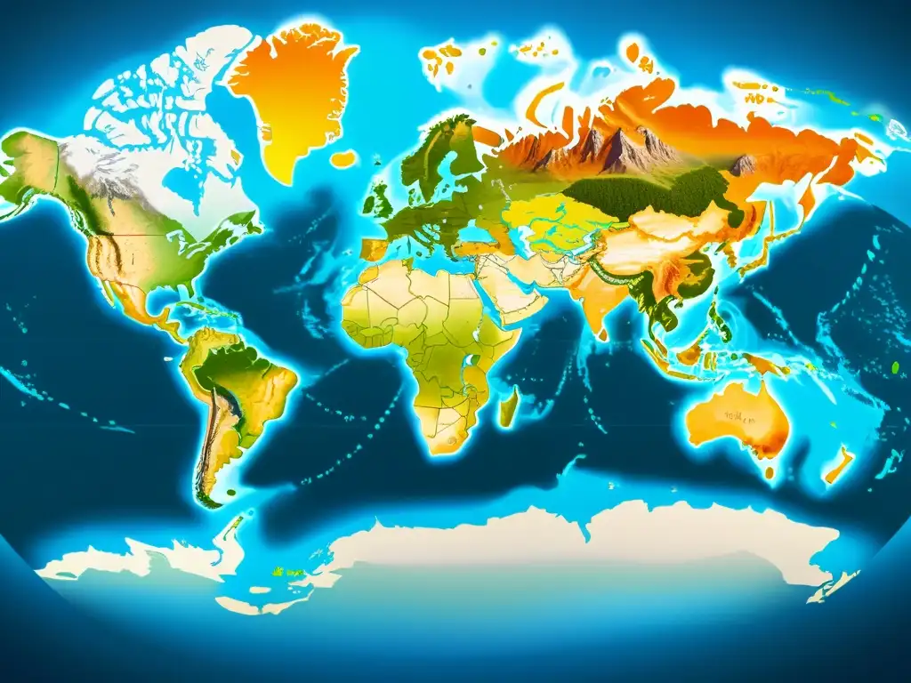 Mapa del mundo detallado con marcas de registro de marca y componentes geográficos resaltados en colores modernos y vibrantes