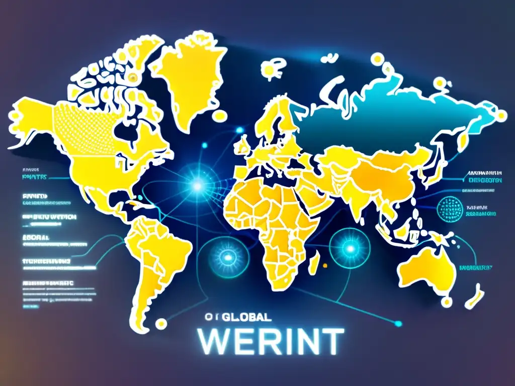 Mapa del mundo detallado con patrones de patentes e IA, colores vibrantes y brillo digital