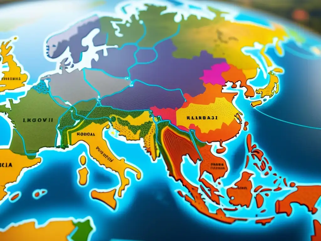 Mapa del mundo detallado con patrones vibrantes y conexiones globales, resaltando países y ciudades