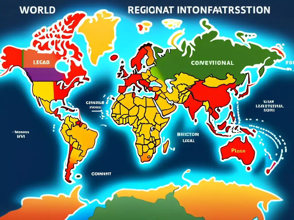Un mapa del mundo detallado con regiones resaltadas en colores vibrantes, simbolizando la protección de biopatentes en el derecho internacional