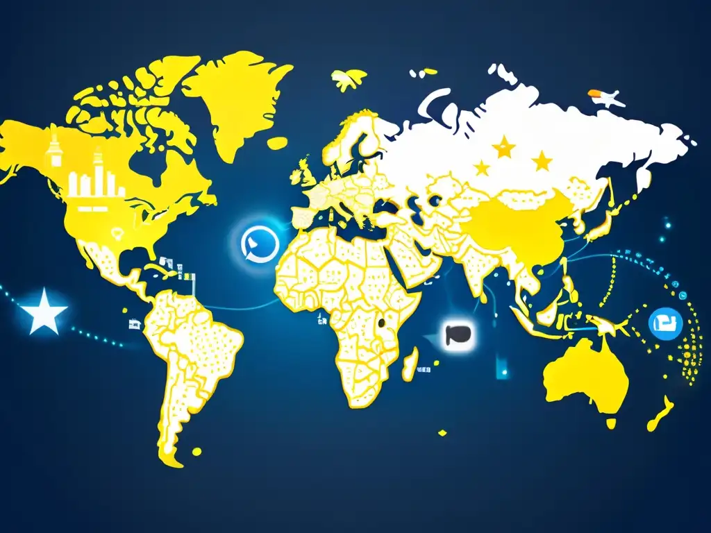 Mapa del mundo con iconos de redes sociales y visualizaciones de datos, mostrando la evolución de la geolocalización en las redes sociales