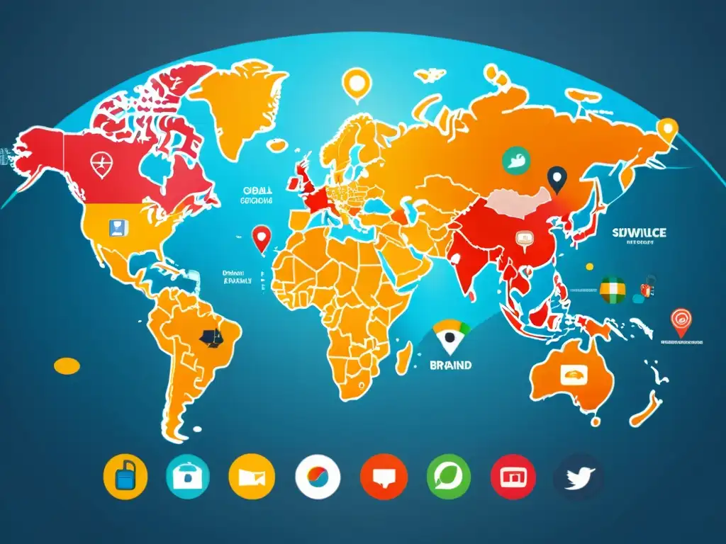 Un mapa del mundo con iconos de vigilancia y monitoreo, simbolizando la vigilancia de marcas global en colores modernos y vibrantes