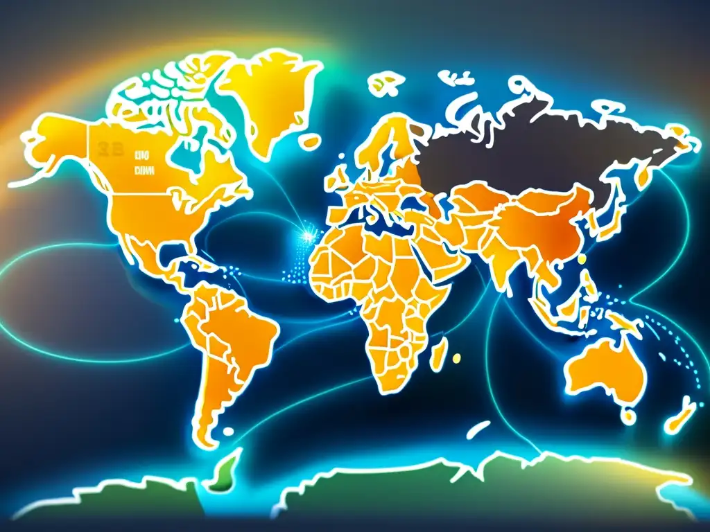 Mapa del mundo en 8k con líneas brillantes conectando países y continentes, simbolizando las extensiones internacionales de protección de marca