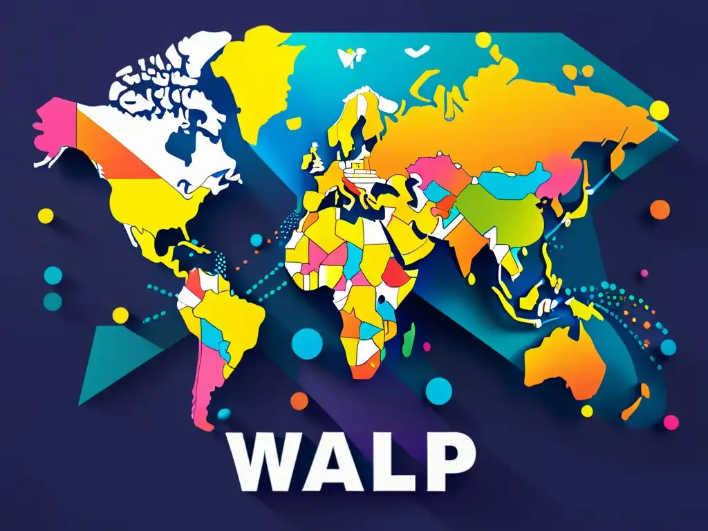 Mapa del mundo vibrante y moderno hecho con formas geométricas coloridas, líneas dinámicas representan regiones geográficas