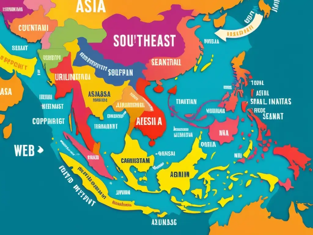 Un mapa vibrante y moderno del Sudeste Asiático, con detalles intrincados que representan su diversa herencia cultural y artística