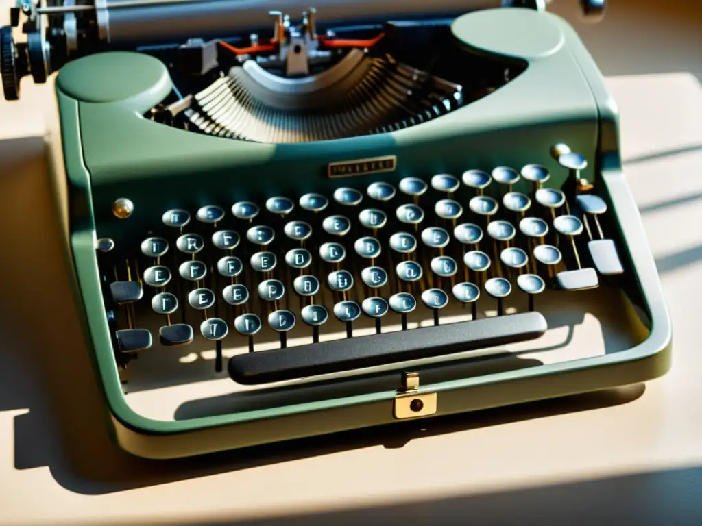 Una máquina de escribir vintage en primer plano, bañada en cálida luz, con un fondo moderno