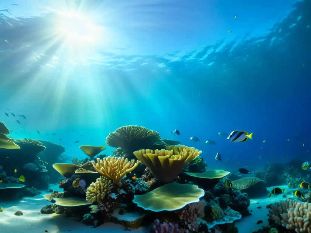 Un maravilloso arrecife de coral, repleto de vida marina y coloridas formaciones, iluminado por la luz del sol