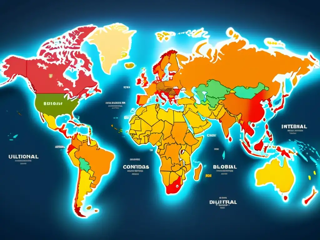 Dilución de marca en mercado internacional: Mapa global detallado con símbolos de marcas sobre países, representando consideraciones legales y específicas en brand dilution