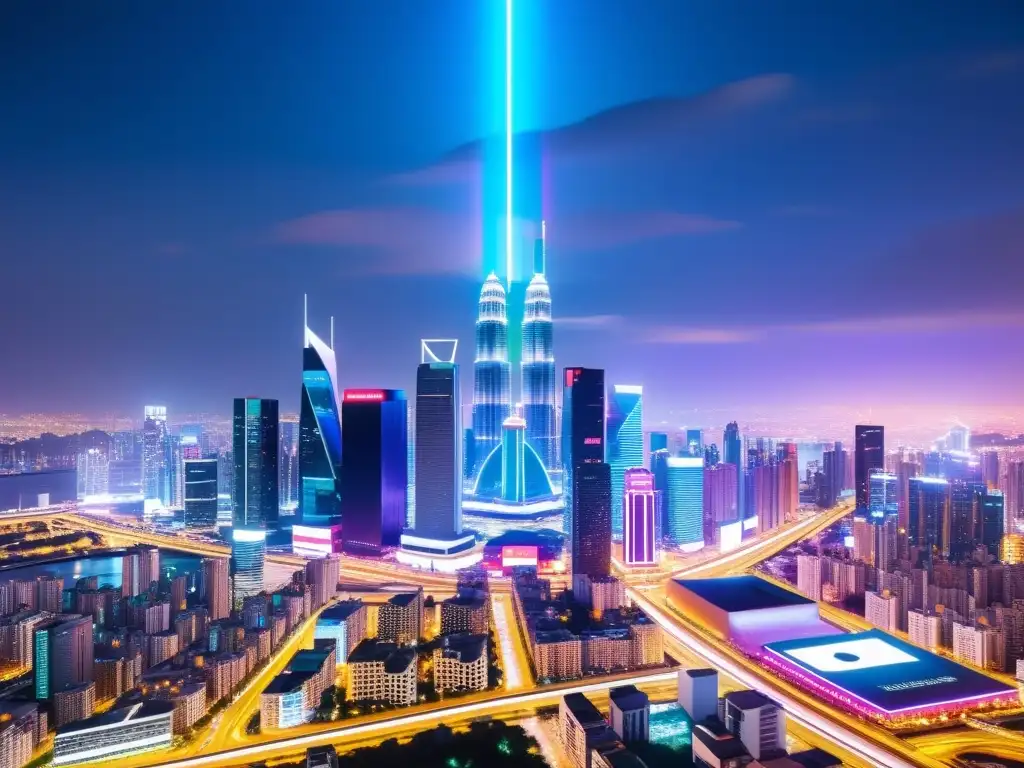 Evolución de marcas y geolocalización en una ciudad futurista con rascacielos luminosos y tecnología innovadora