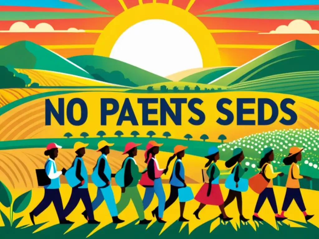 Marcha de agricultores y activistas con pancartas contra patentes en semillas
